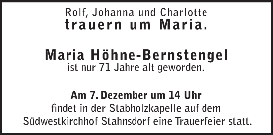 Traueranzeige von Maria Höhne-Bernstengel von Tagesspiegel