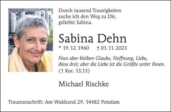 Traueranzeige von Sabina Dehn von Tagesspiegel