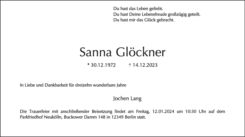  Traueranzeige für Sanna Glöckner vom 24.12.2023 aus Tagesspiegel