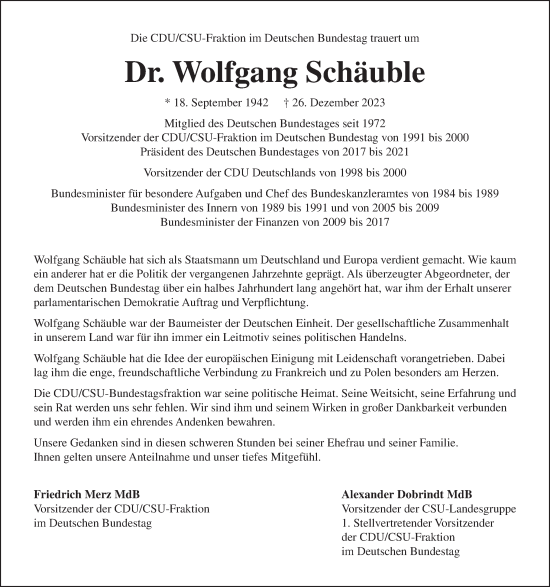 Traueranzeige von Wolfgang Schäuble von Tagesspiegel
