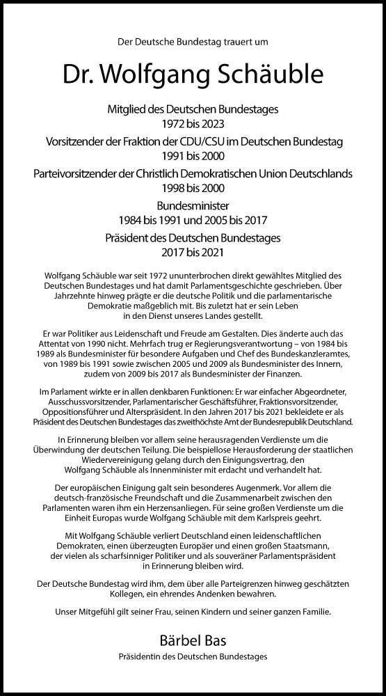  Traueranzeige für Wolfgang Schäuble vom 31.12.2023 aus Tagesspiegel