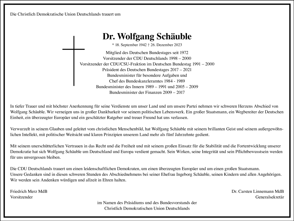  Traueranzeige für Wolfgang Schäuble vom 30.12.2023 aus Tagesspiegel