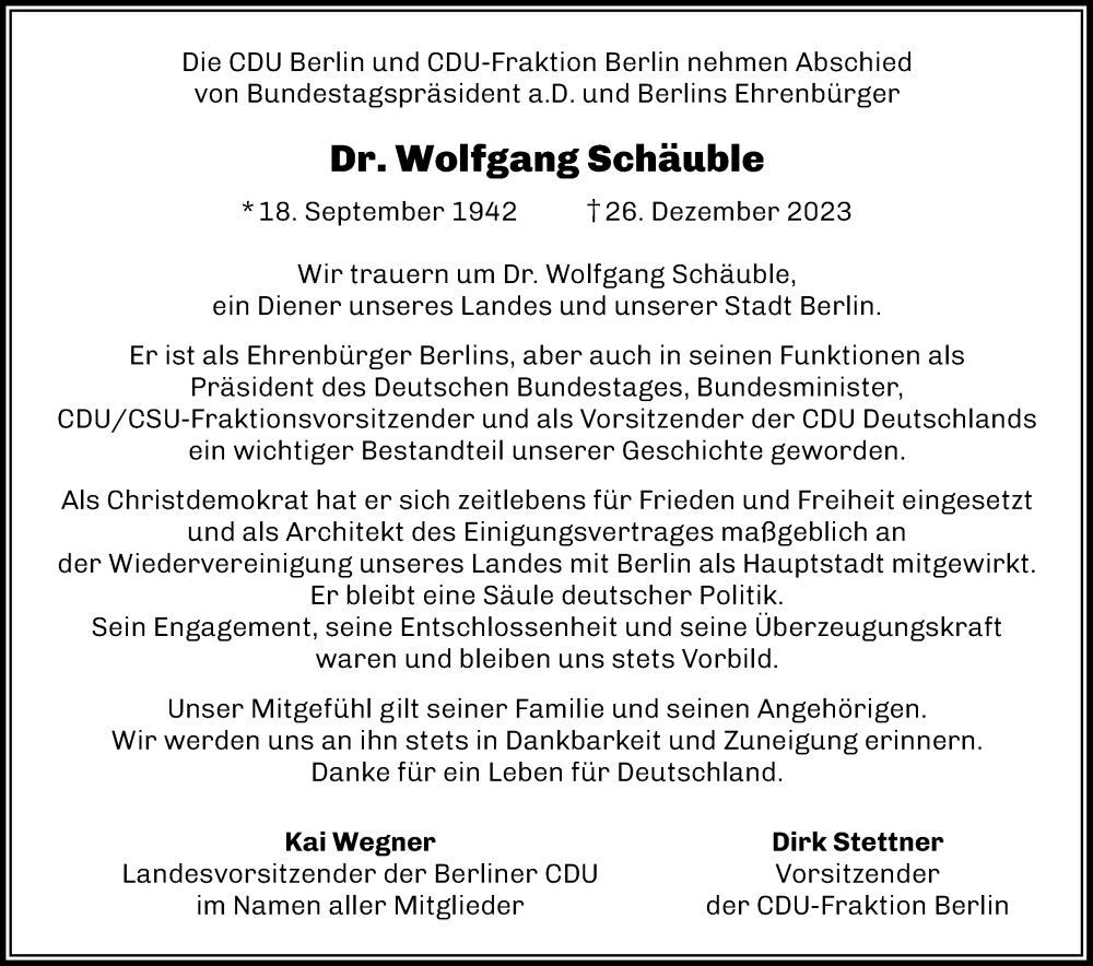  Traueranzeige für Wolfgang Schäuble vom 31.12.2023 aus Tagesspiegel