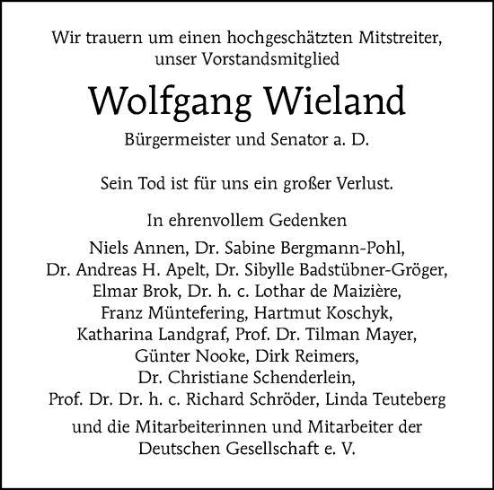 Traueranzeige von Wolfgang Wieland von Tagesspiegel