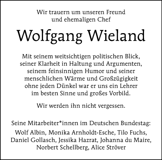 Traueranzeige von Wolfgang Wieland von Tagesspiegel