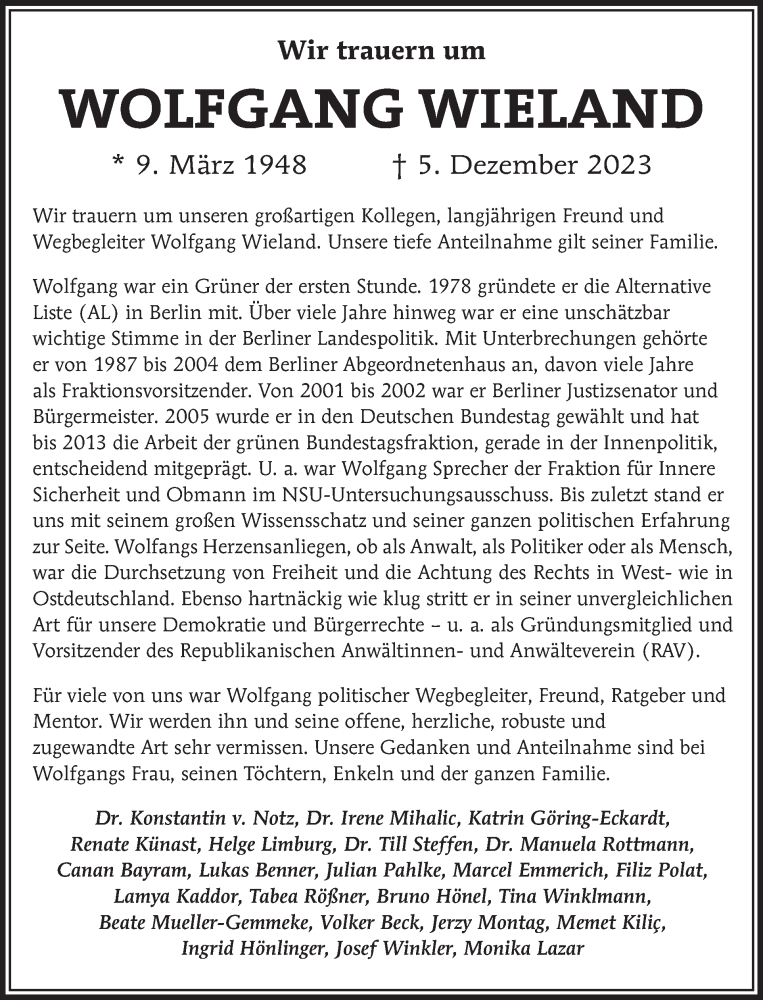 Traueranzeige für Wolfgang Wieland vom 17.12.2023 aus Tagesspiegel
