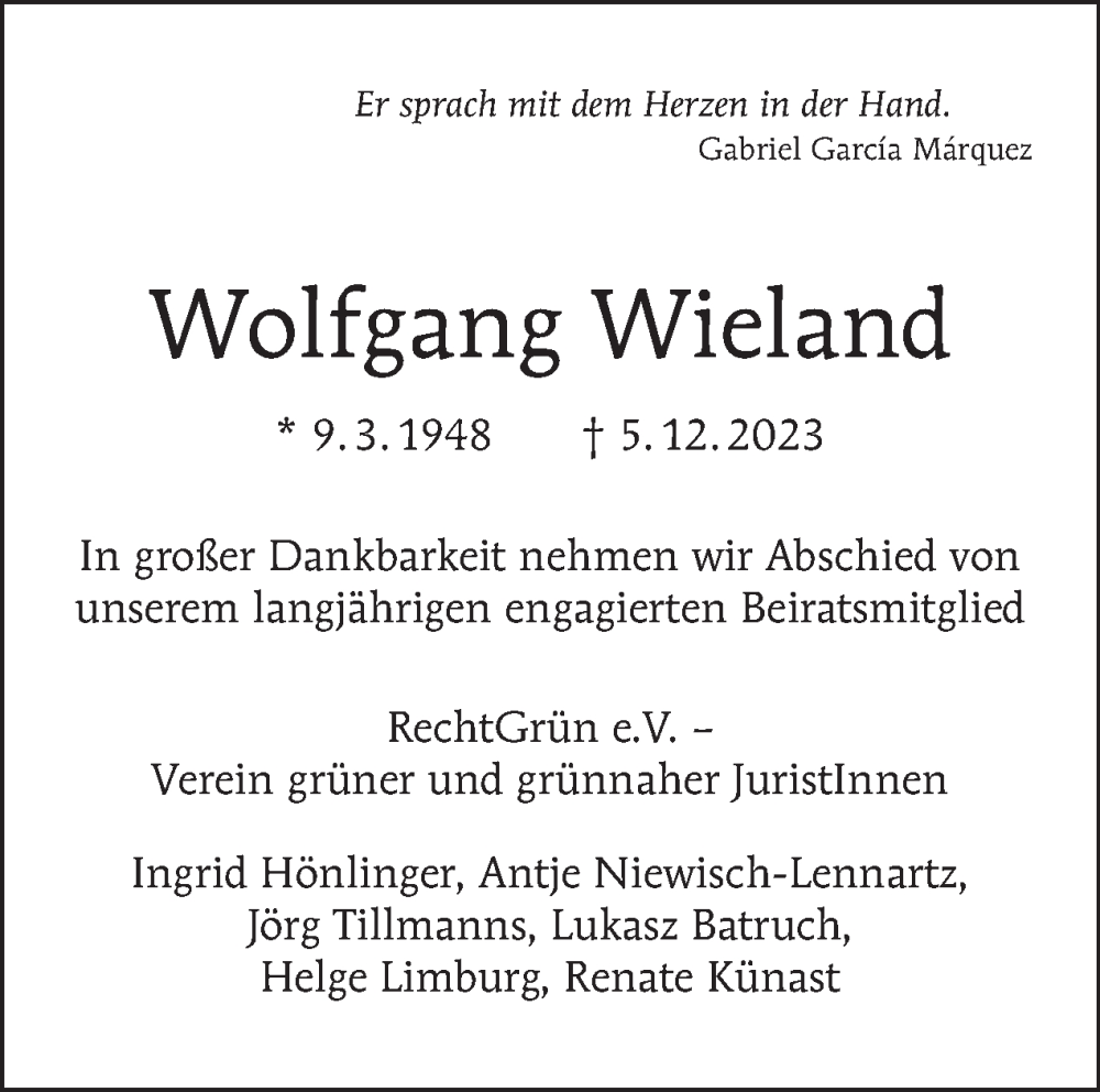  Traueranzeige für Wolfgang Wieland vom 17.12.2023 aus Tagesspiegel