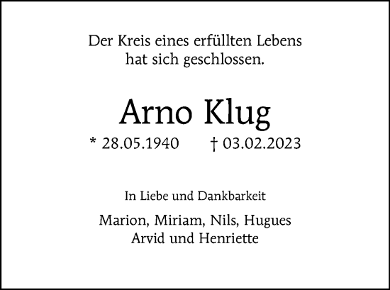 Traueranzeige von Arno Klug von Tagesspiegel