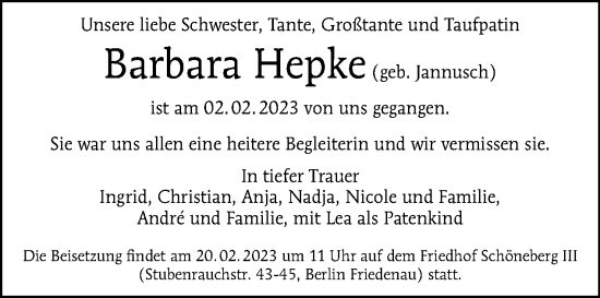 Traueranzeige von Barbara Hepke von Tagesspiegel