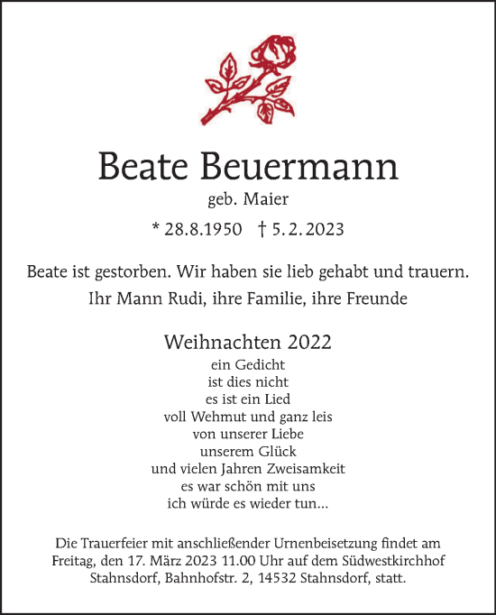 Traueranzeige von Beate Beuermann von Tagesspiegel