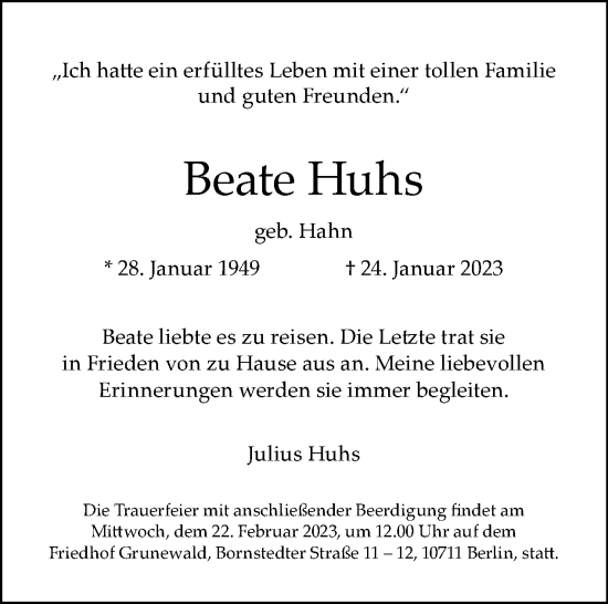 Traueranzeige von Beate Huhs von Tagesspiegel