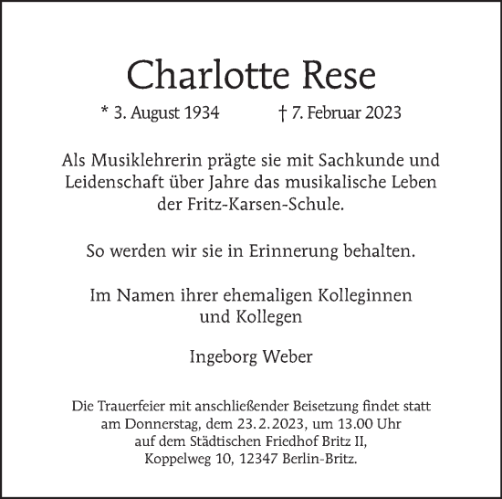 Traueranzeige von Charlotte Rese von Tagesspiegel