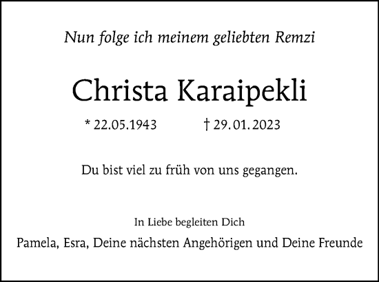 Traueranzeige von Christa Karaipekli von Tagesspiegel