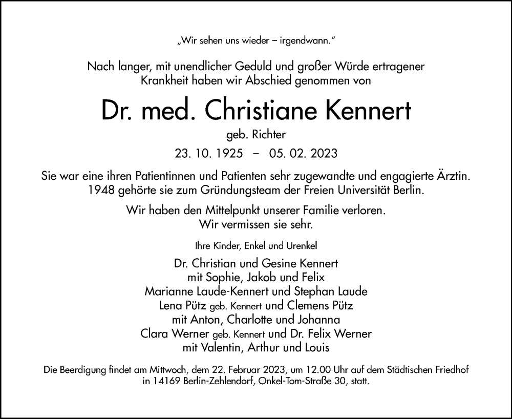  Traueranzeige für Christiane Kennert vom 12.02.2023 aus Tagesspiegel