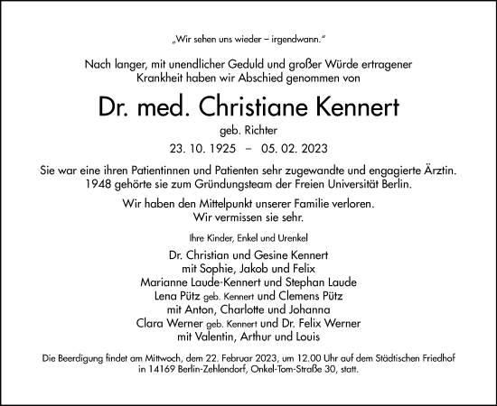 Traueranzeige von Christiane Kennert von Tagesspiegel