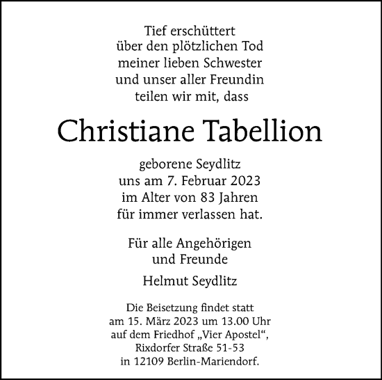 Traueranzeige von Christiane Tabellion von Tagesspiegel