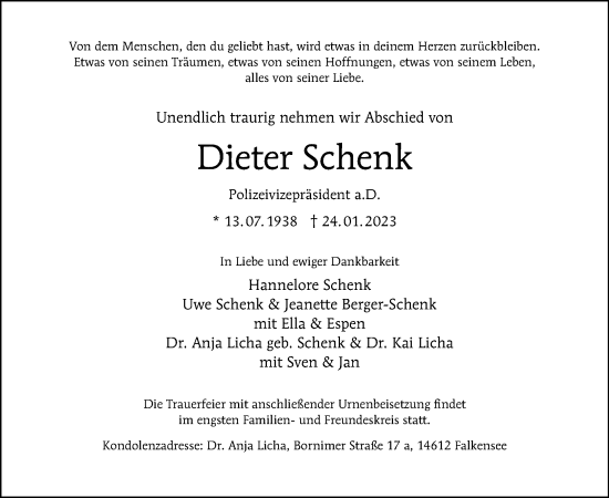 Traueranzeige von Dieter Schenk von Tagesspiegel