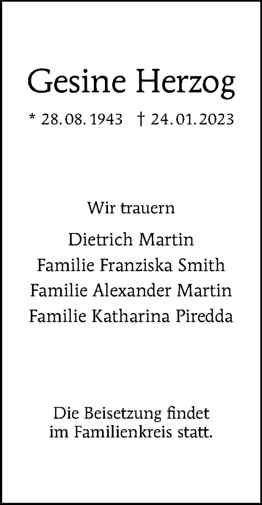 Traueranzeige von Gesine Herzog von Tagesspiegel