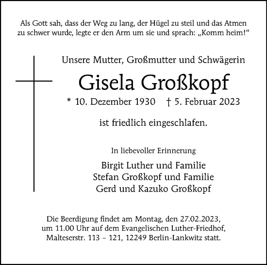 Traueranzeige von Gisela Großkopf von Tagesspiegel