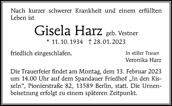 Traueranzeige von Gisela Harz von Tagesspiegel