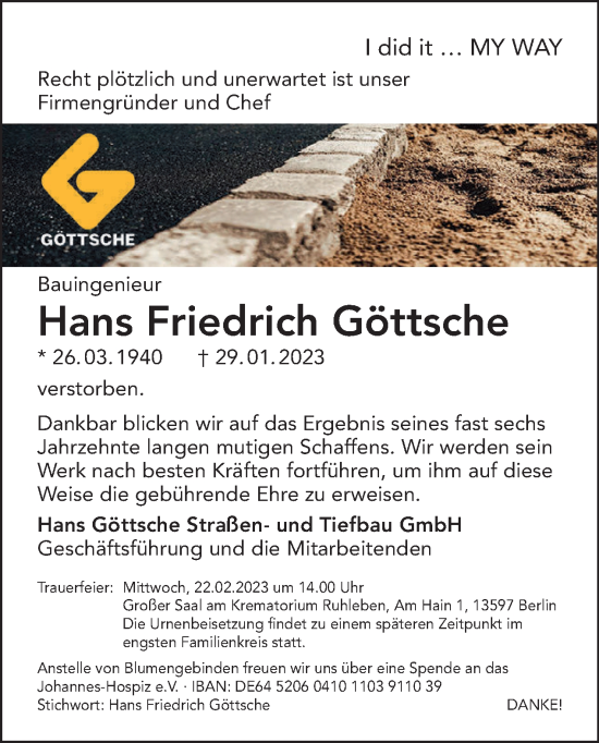Traueranzeige von Hans Friedrich Göttsche von Tagesspiegel