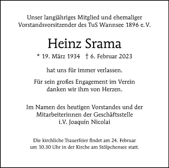 Traueranzeige von Heinz Srama von Tagesspiegel