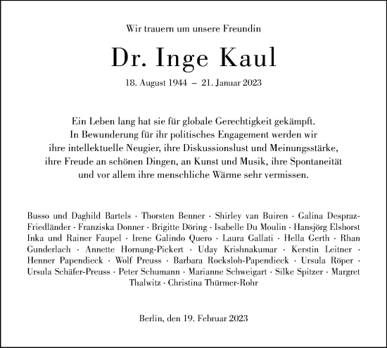 Traueranzeige von Inge Kaul von Tagesspiegel