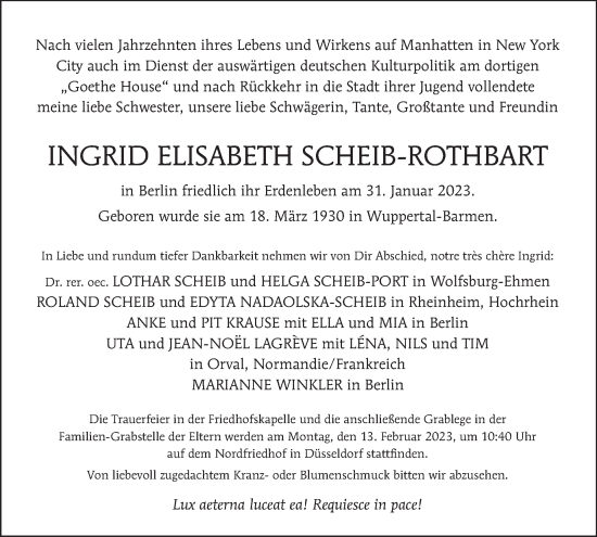 Traueranzeige von Ingrid Elisabeth  Scheib-Rothbart von Tagesspiegel