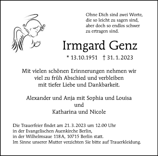 Traueranzeige von Irmgard Genz von Tagesspiegel