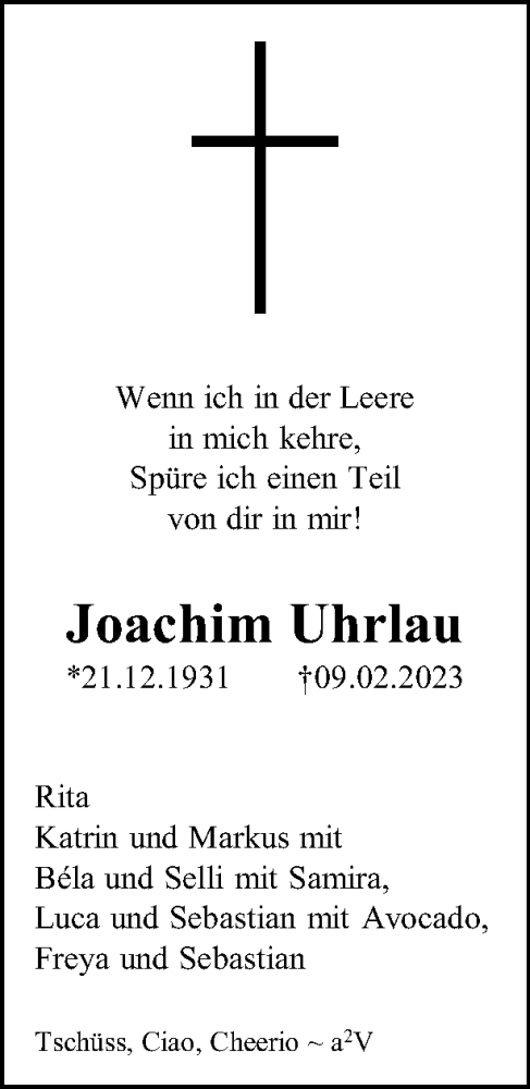 Traueranzeige von Joachim Uhrlau von Tagesspiegel