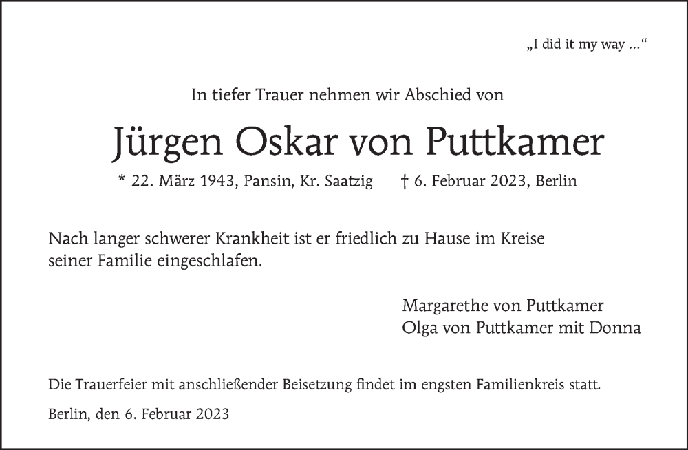  Traueranzeige für Jürgen Oskar von Puttkamer vom 26.02.2023 aus Tagesspiegel