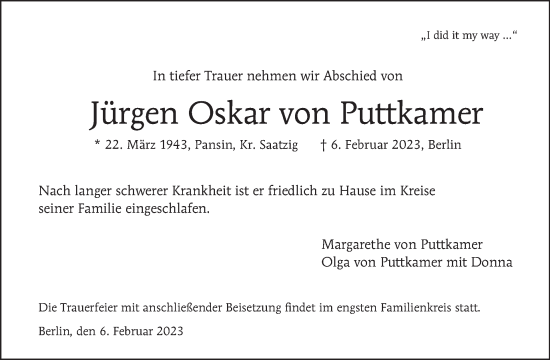 Traueranzeige von Jürgen Oskar von Puttkamer von Tagesspiegel
