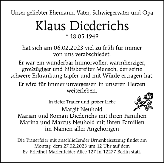 Traueranzeige von Klaus Diederichs von Tagesspiegel