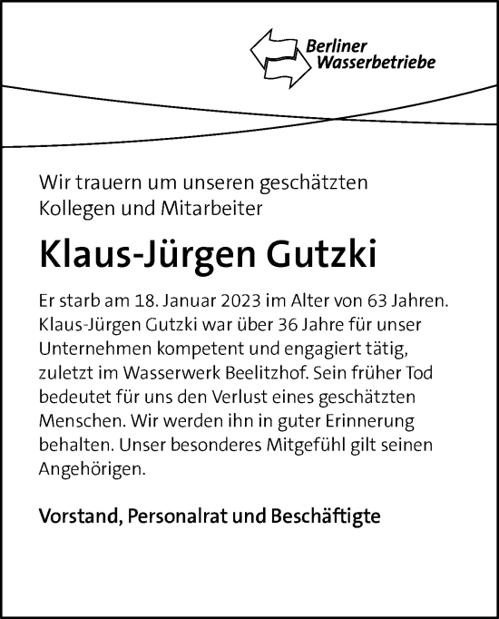 Traueranzeige von Klaus-Jürgen Gutzki von Tagesspiegel