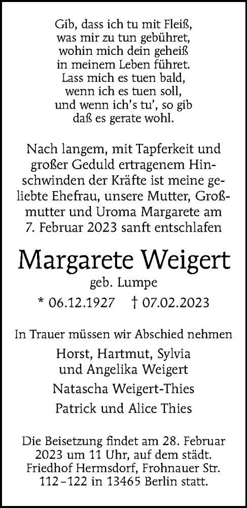 Traueranzeige von Margarete Weigert von Tagesspiegel