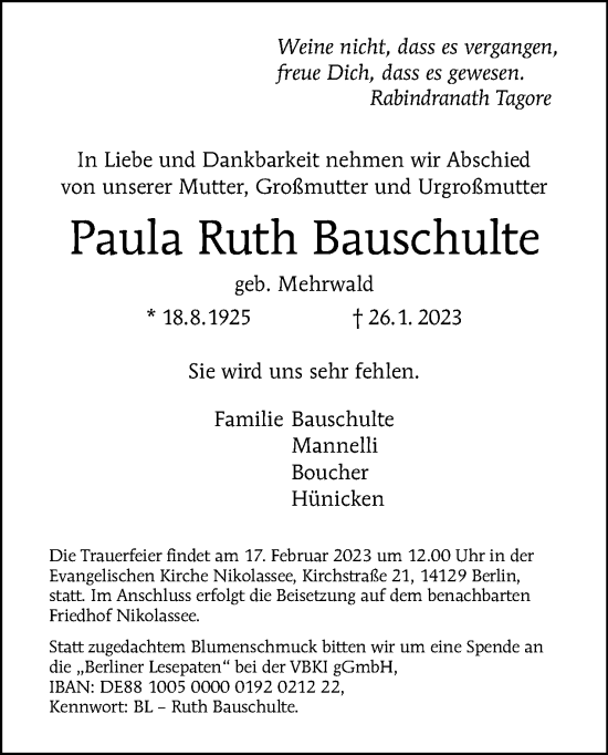 Traueranzeige von Paula Ruth Bauschulte von Tagesspiegel