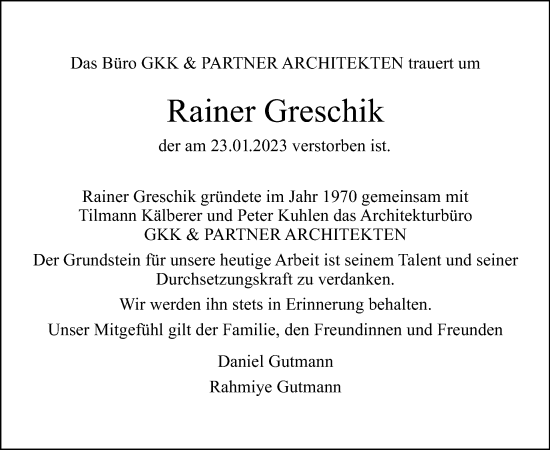 Traueranzeige von Rainer Greschik von Tagesspiegel