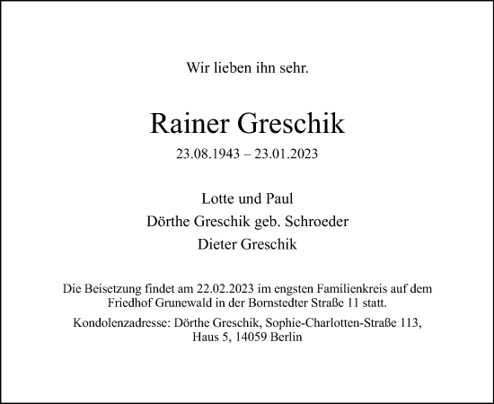 Traueranzeige von Rainer Greschik von Tagesspiegel