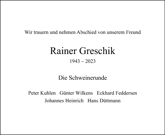 Traueranzeige von Rainer Greschik von Tagesspiegel