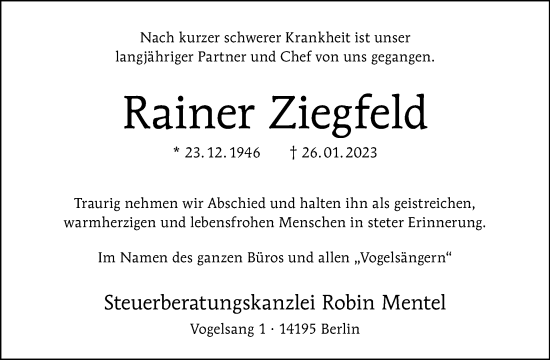 Traueranzeige von Rainer Ziegfeld von Tagesspiegel