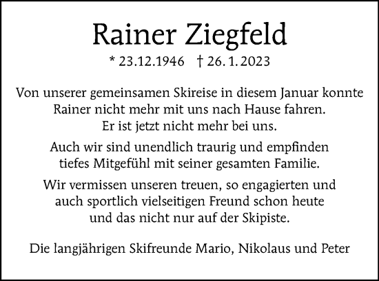 Traueranzeige von Rainer Ziegfeld von Tagesspiegel