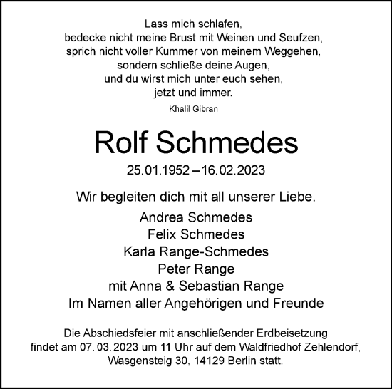 Traueranzeige von Rolf Schmedes von Tagesspiegel