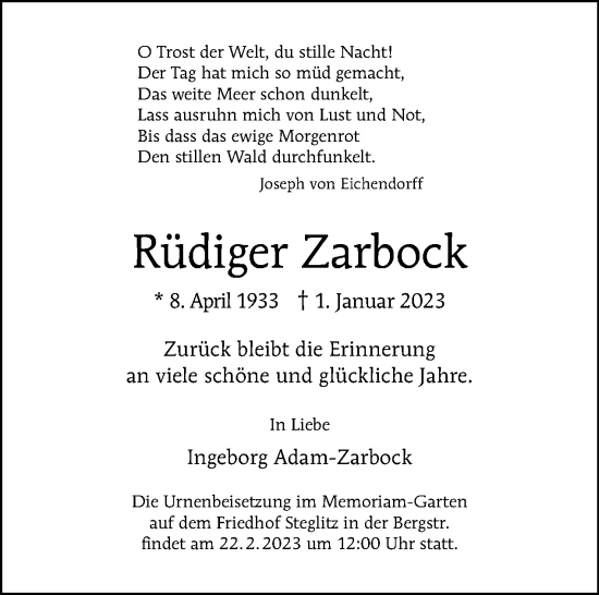 Traueranzeige von Rüdiger Zarbock von Tagesspiegel