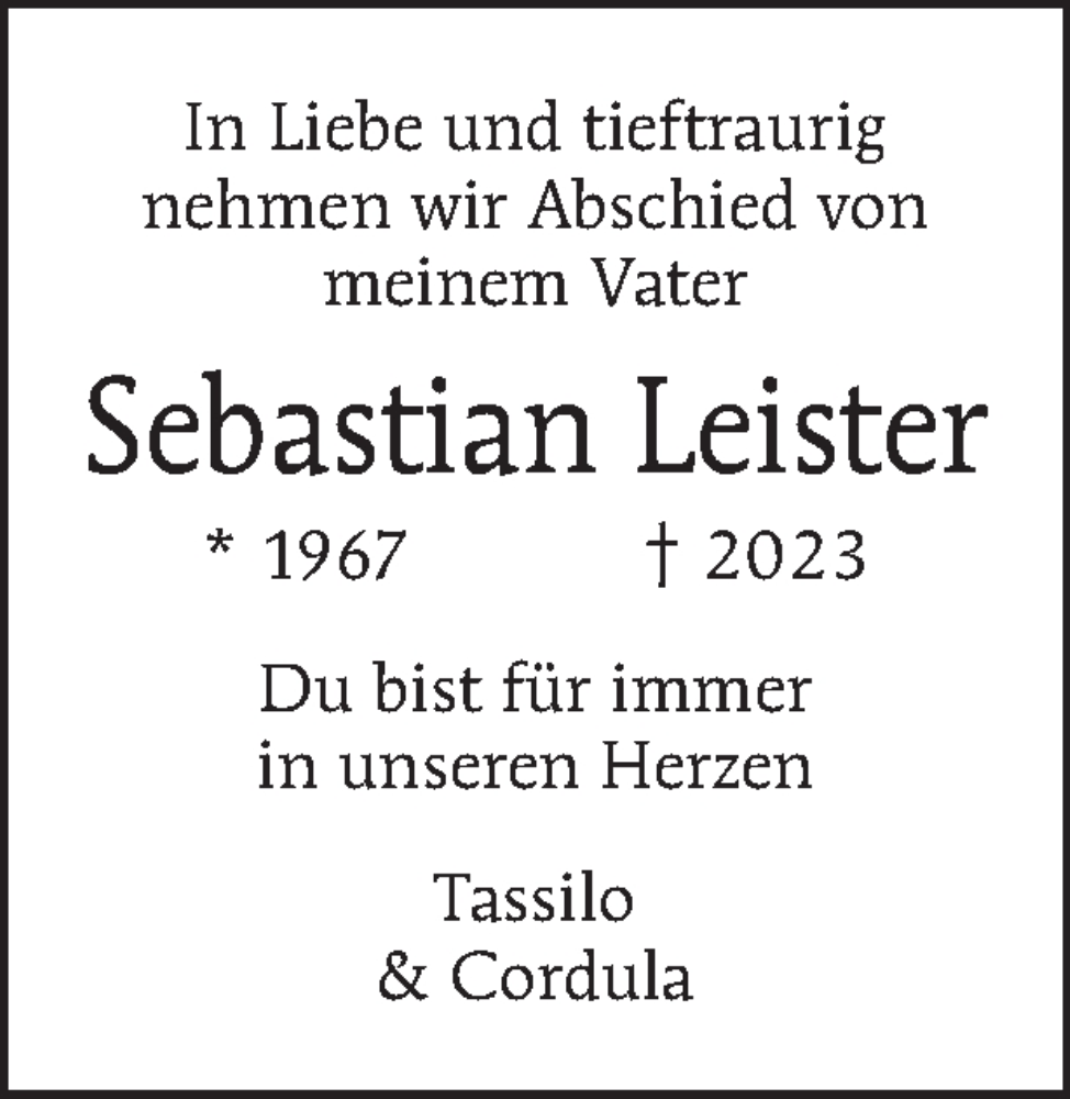  Traueranzeige für Sebastian Leister vom 26.02.2023 aus Tagesspiegel