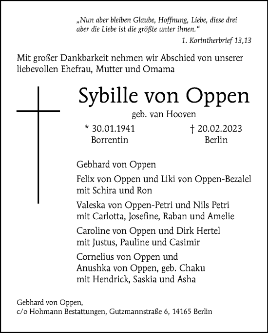 Traueranzeige von Sybille von Oppen von Tagesspiegel