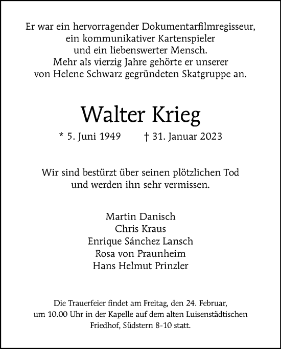 Traueranzeige von Walter Krieg von Tagesspiegel