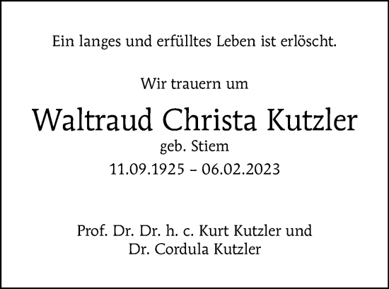 Traueranzeige von Waltraud Christa Kutzler von Tagesspiegel