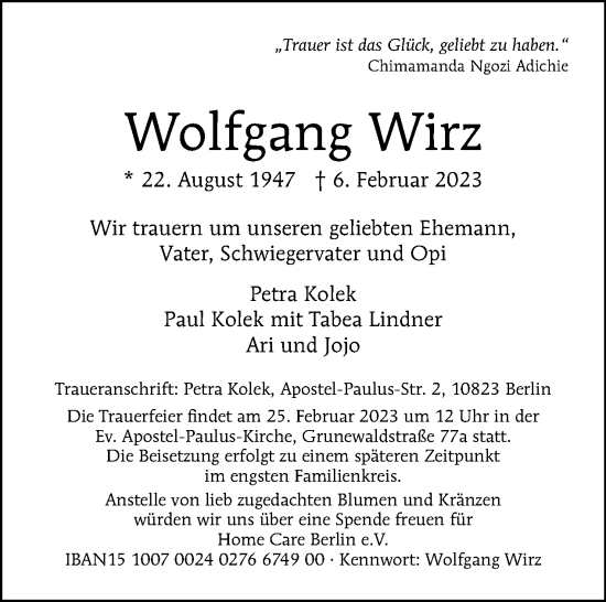 Traueranzeige von Wolfgang Wirz von Tagesspiegel