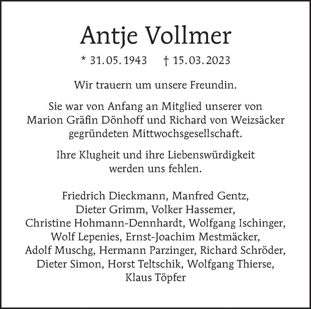  Traueranzeige für Antje Vollmer vom 19.03.2023 aus Tagesspiegel
