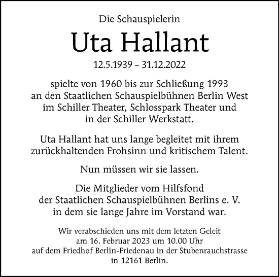 Traueranzeige von Uta Hallant von Tagesspiegel